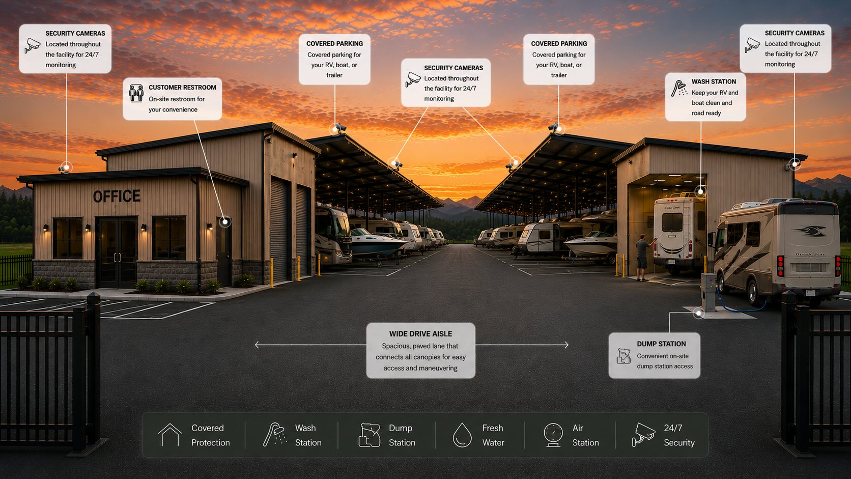 Canyon View RV & Boat Storage facility rendering with labeled amenities