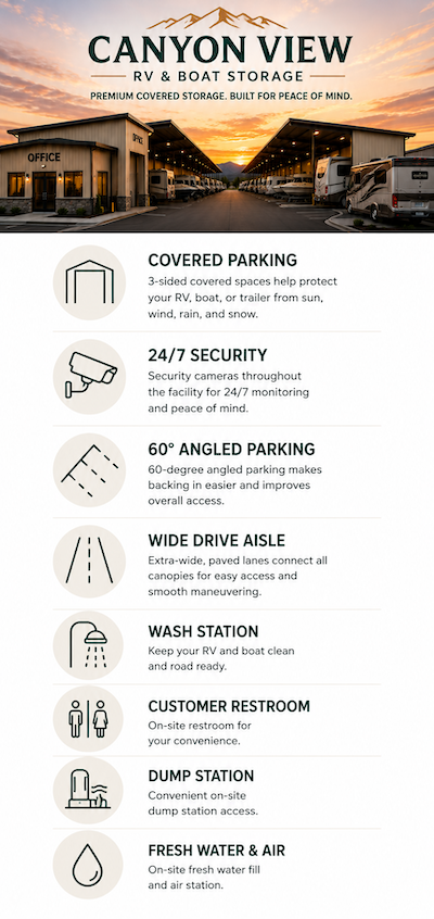 Canyon View RV & Boat Storage facility in Jerome Idaho — labeled covered parking canopies, security cameras, customer restroom, wash station, dump station, fresh water, air station, and 24/7 monitoring