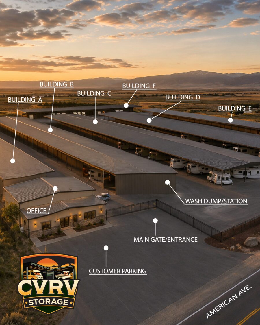 Aerial site map of Canyon View RV & Boat Storage on American Ave in Jerome, Idaho — covered canopy Buildings A through F, office, main gate entrance, wash and dump station, and customer parking