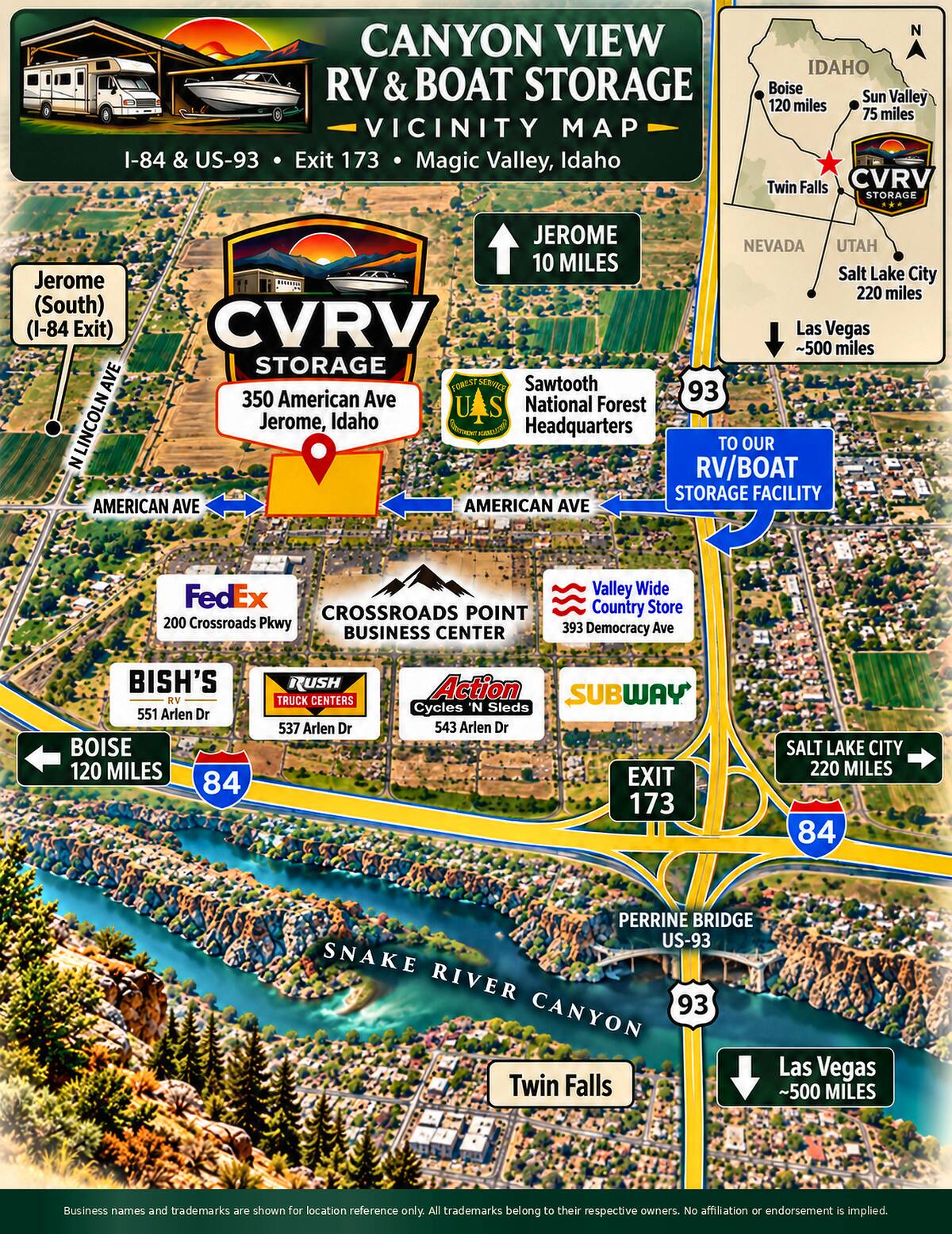 Vicinity map of Canyon View RV & Boat Storage at 350 American Ave, Jerome, Idaho, off I-84 and US-93 at Exit 173