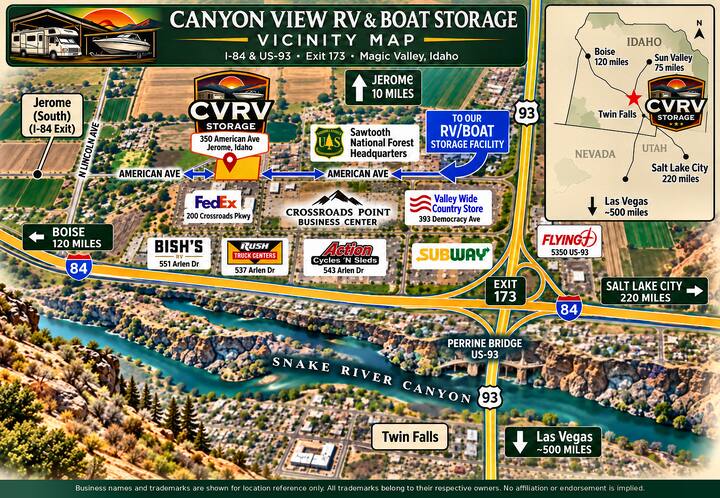 Vicinity map preview showing Canyon View RV & Boat Storage off I-84 at Exit 173 in Jerome, Idaho